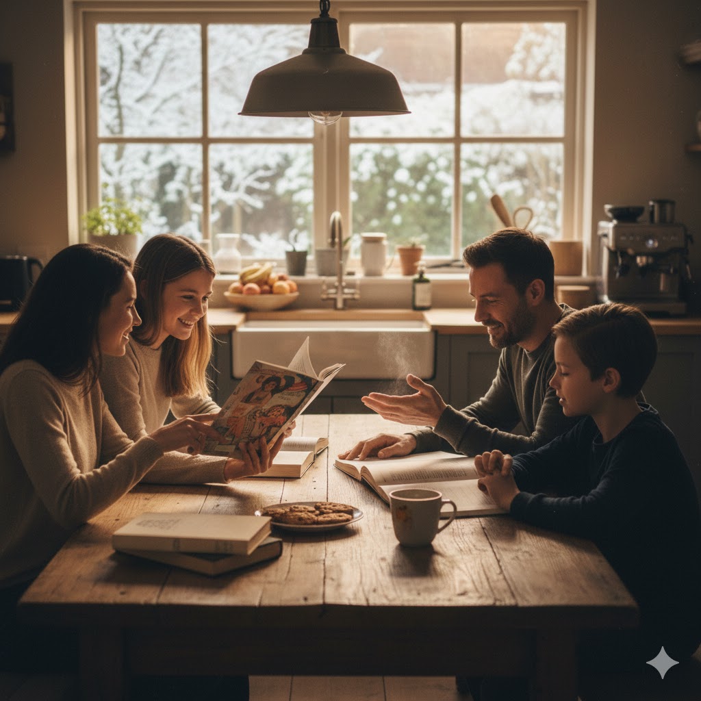 Immagine AI lettura condivisa in famiglia